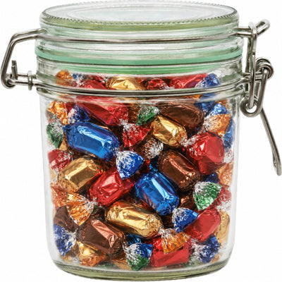 Geredde weckpot van 530 ml, gevuld met chocolaatjes in folie (impressie)