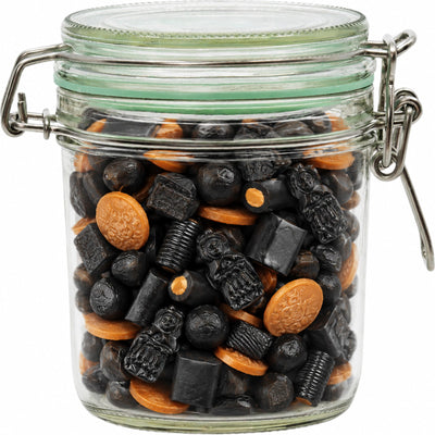 Geredde weckpot van 530 ml, gevuld met drop (impressie)