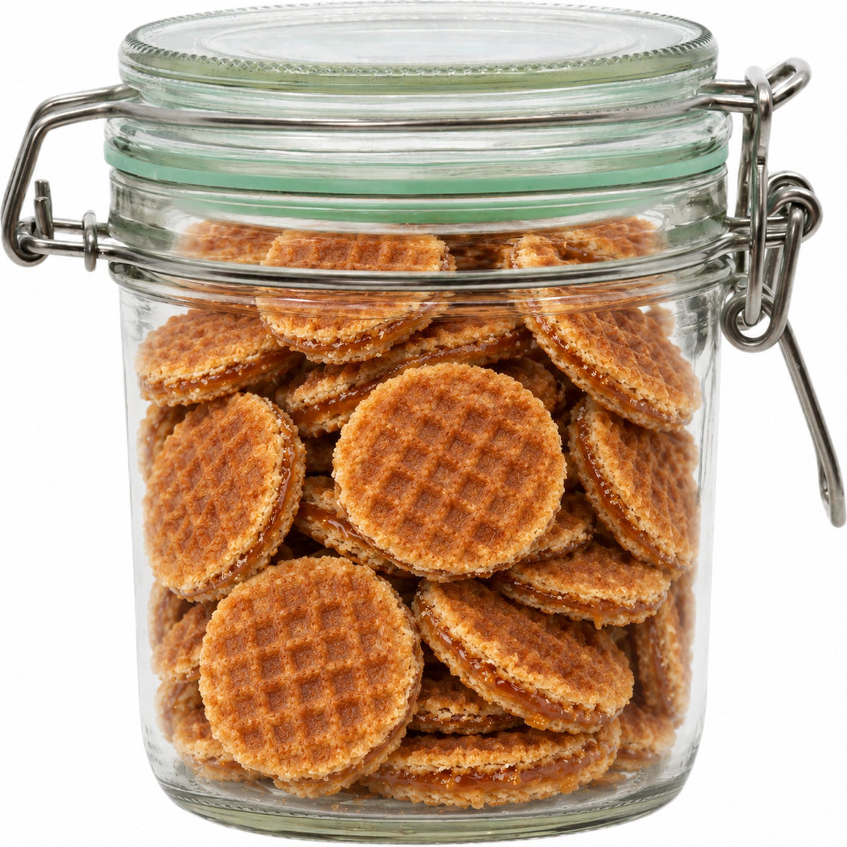 Geredde weckpot van 530 ml, gevuld met mini stroopwafels (impressie)