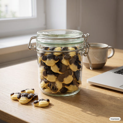 Gevulde weckpot (apenkoppen) op een bureau naast een kop koffie (impressie)