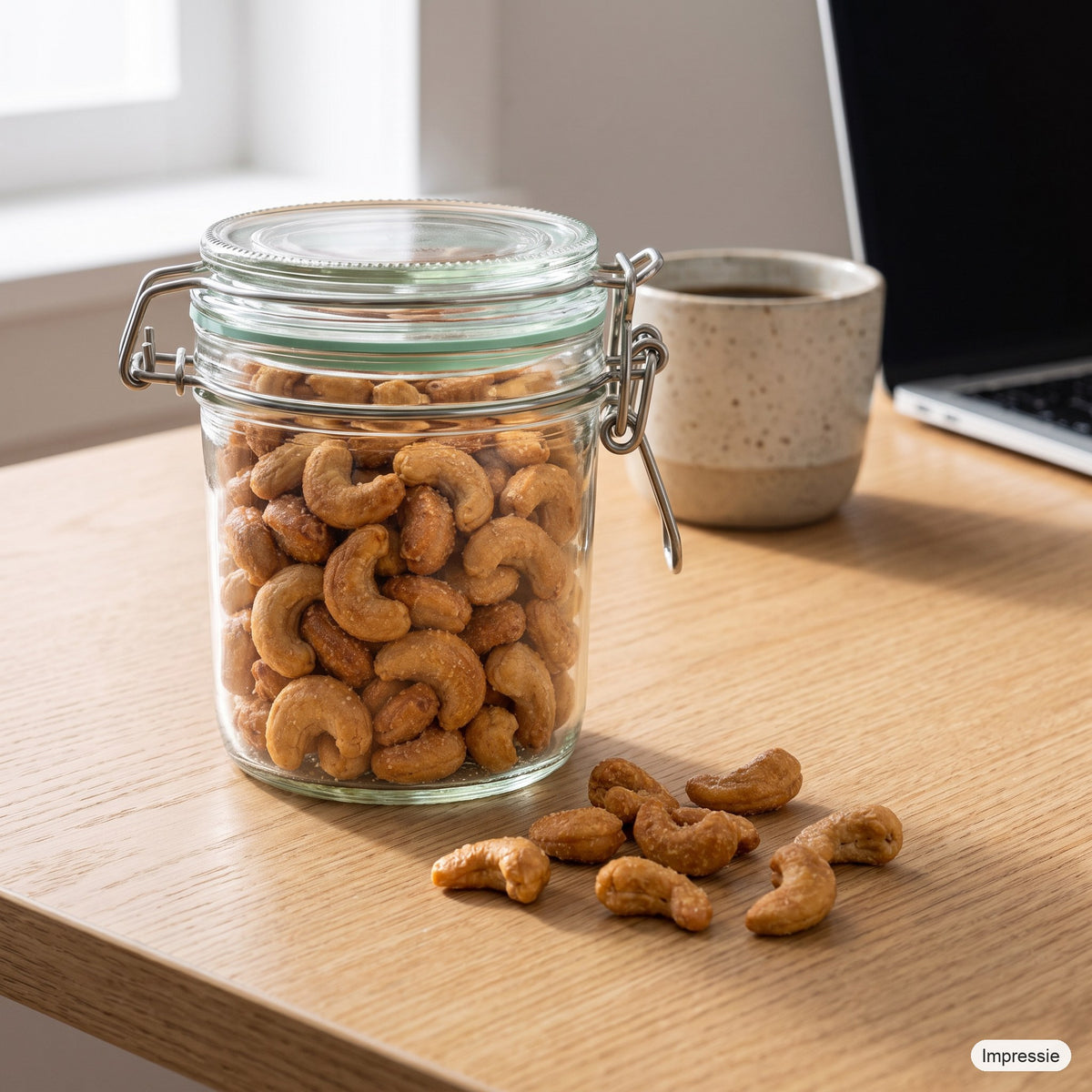 Gevulde weckpot (gezouten cashewnoten) op een bureau naast een kop koffie (impressie)