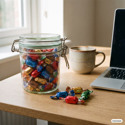 Gevulde weckpot (Celebrations) op een bureau naast een kop koffie (impressie)