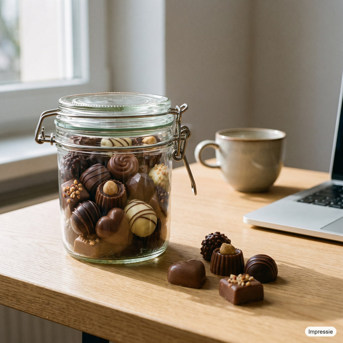 Gevulde weckpot (chocolade assorti) op een bureau naast een kop koffie (impressie)