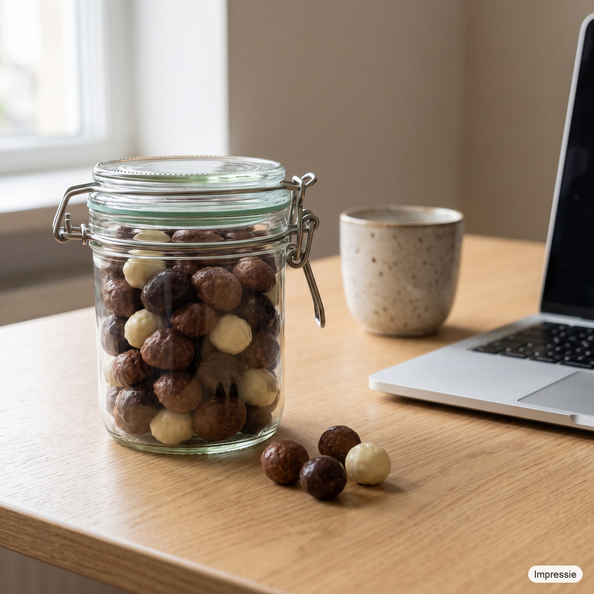 Gevulde weckpot (chocolade kruidnoten) op een bureau naast een kop koffie (impressie)