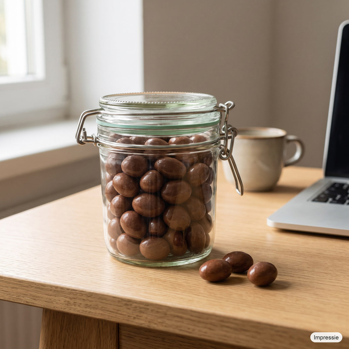 Gevulde weckpot (chocoladepinda's) op een bureau naast een kop koffie (impressie)