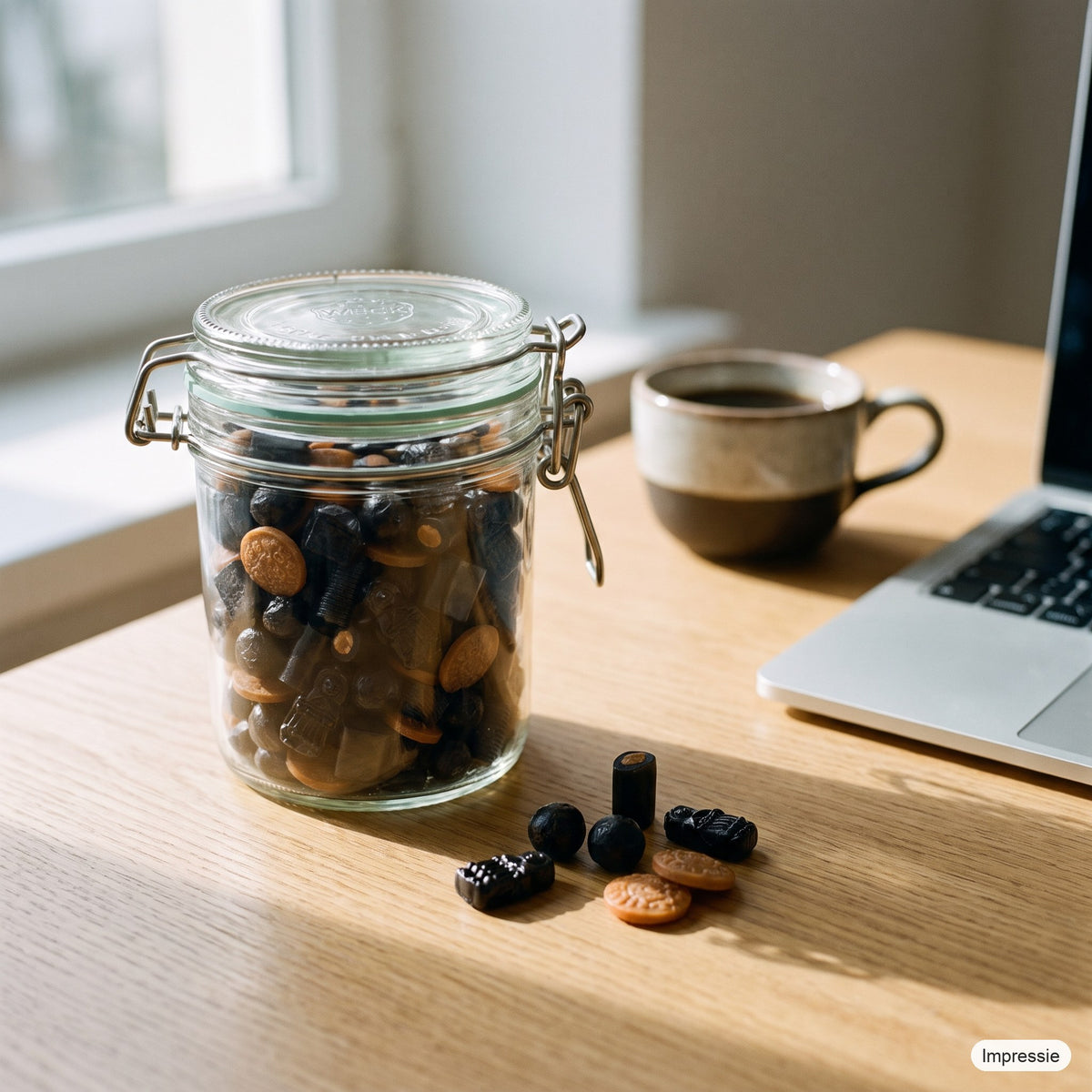 Gevulde weckpot (drop) op een bureau naast een kop koffie (impressie)