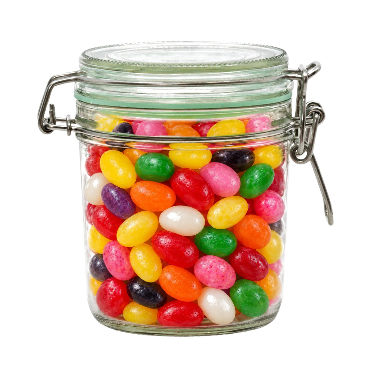 Gevulde weckpot (jelly beans) op een witte achtergrond
