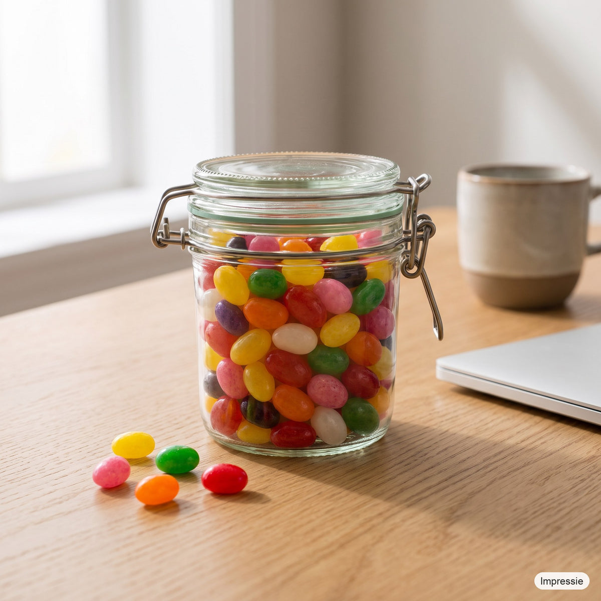 Gevulde weckpot (jelly beans) op een bureau naast een kop koffie (impressie)