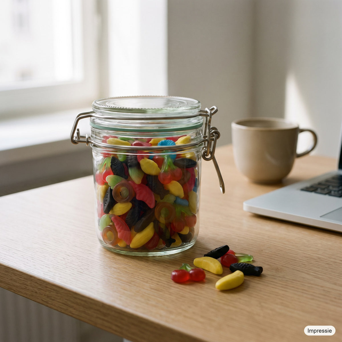 Gevulde weckpot (kindermix) op een bureau naast een kop koffie (impressie)