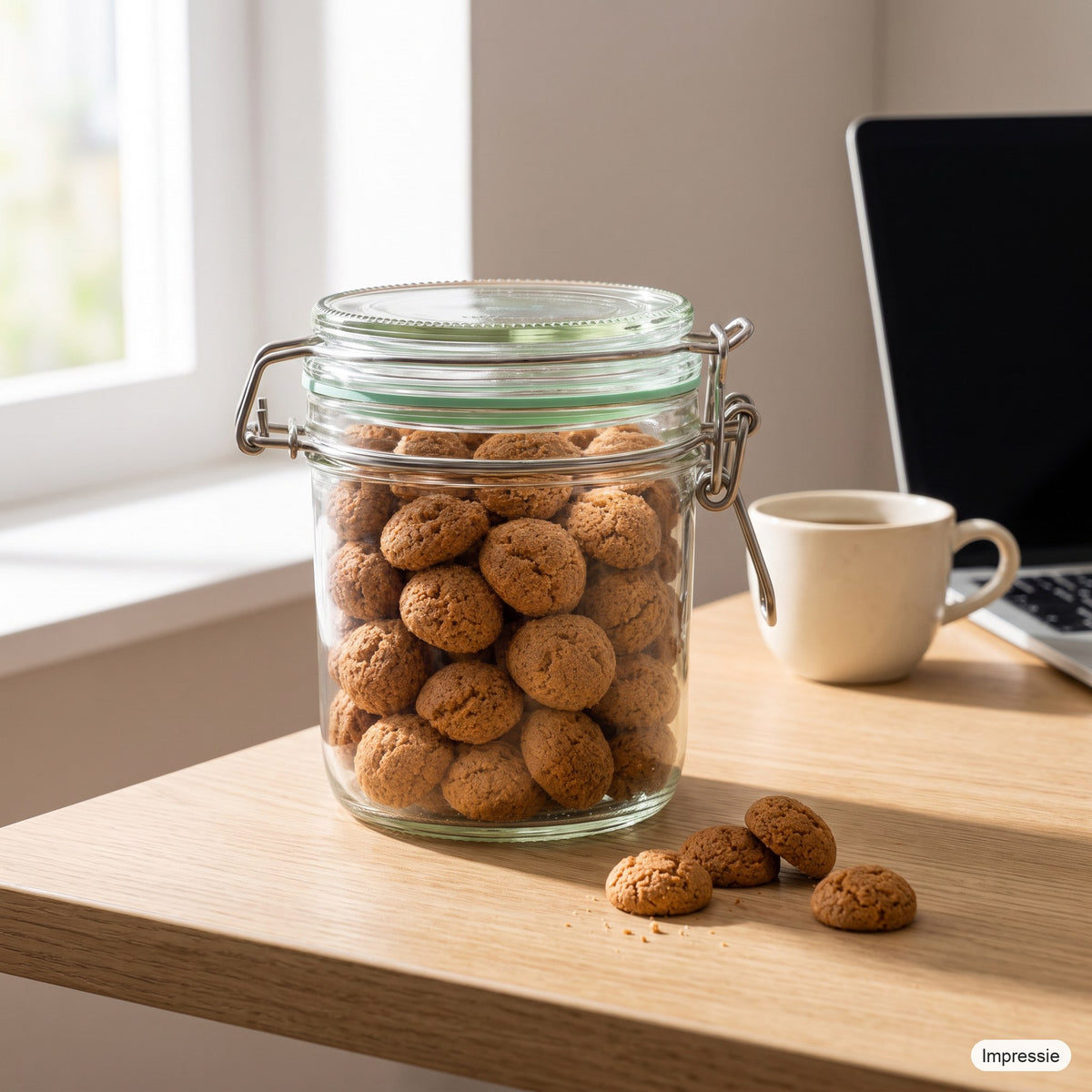 Gevulde weckpot (kruidnoten) op een bureau naast een kop koffie (impressie)