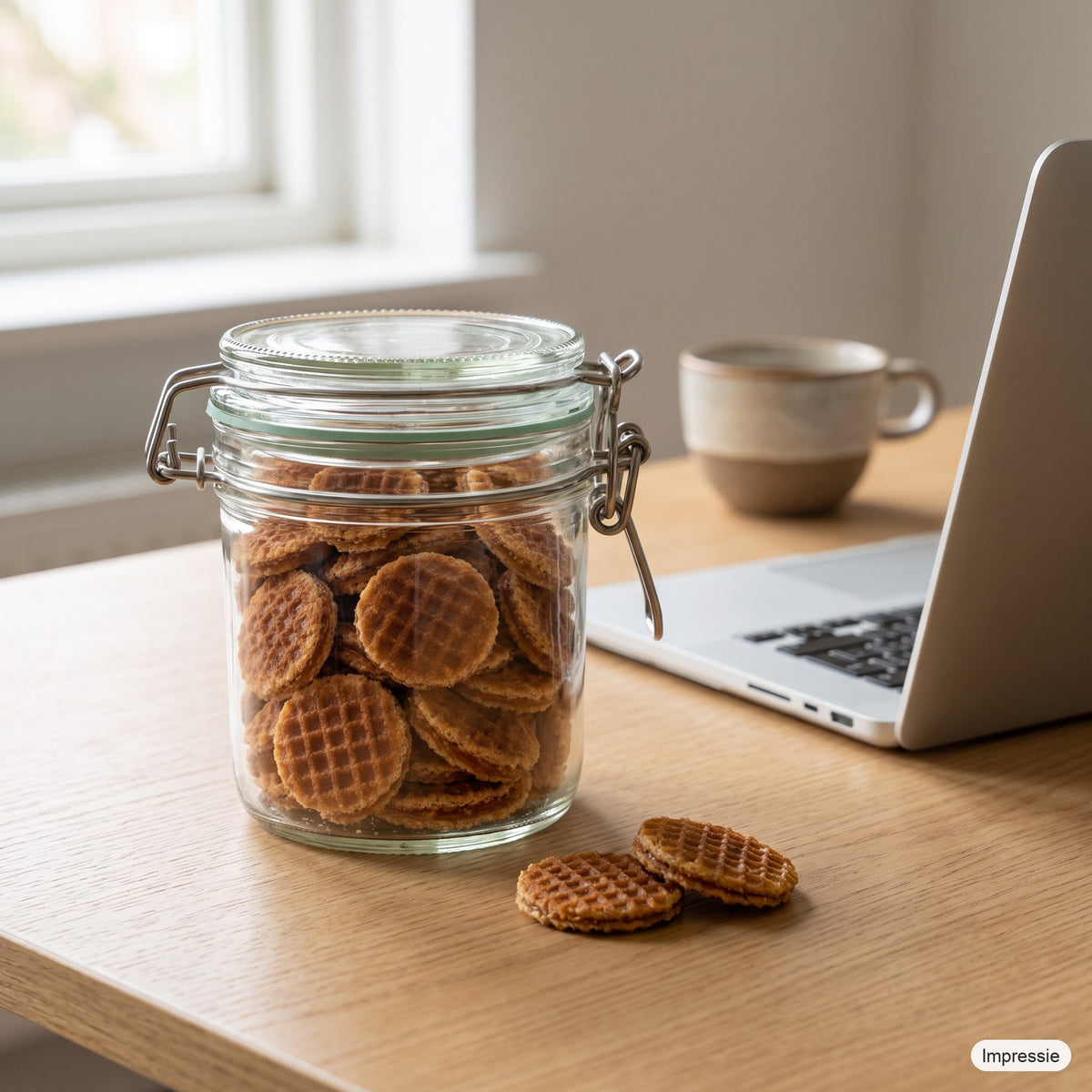 Gevulde weckpot (mini stroopwafels) op een bureau naast een kop koffie (impressie)