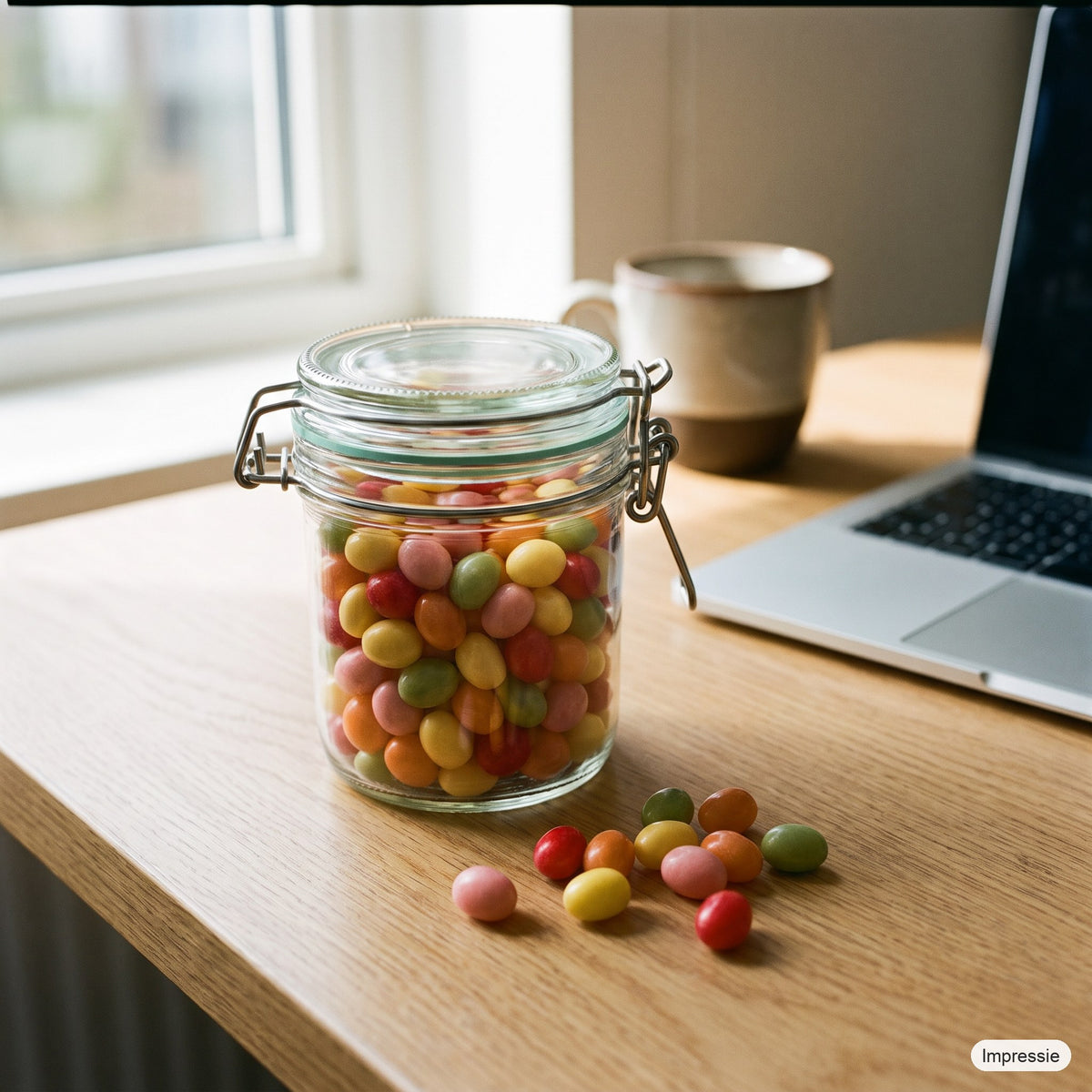 Gevulde weckpot (pinballs) op een bureau naast een kop koffie (impressie)