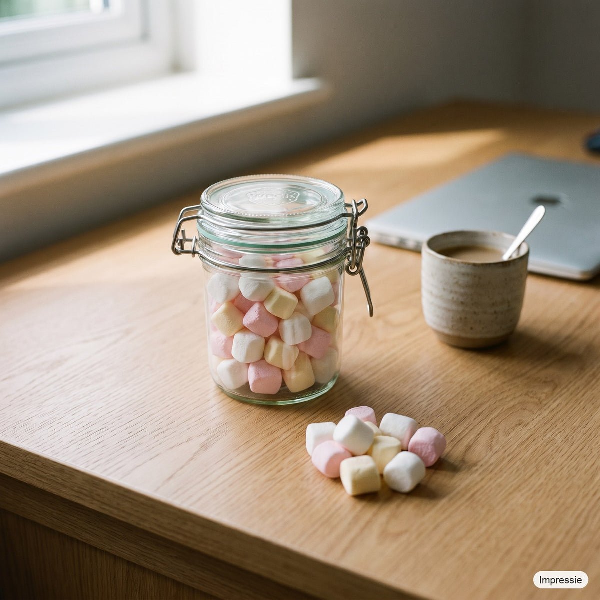 Gevulde weckpot (spekjes) op een bureau naast een kop koffie (impressie)